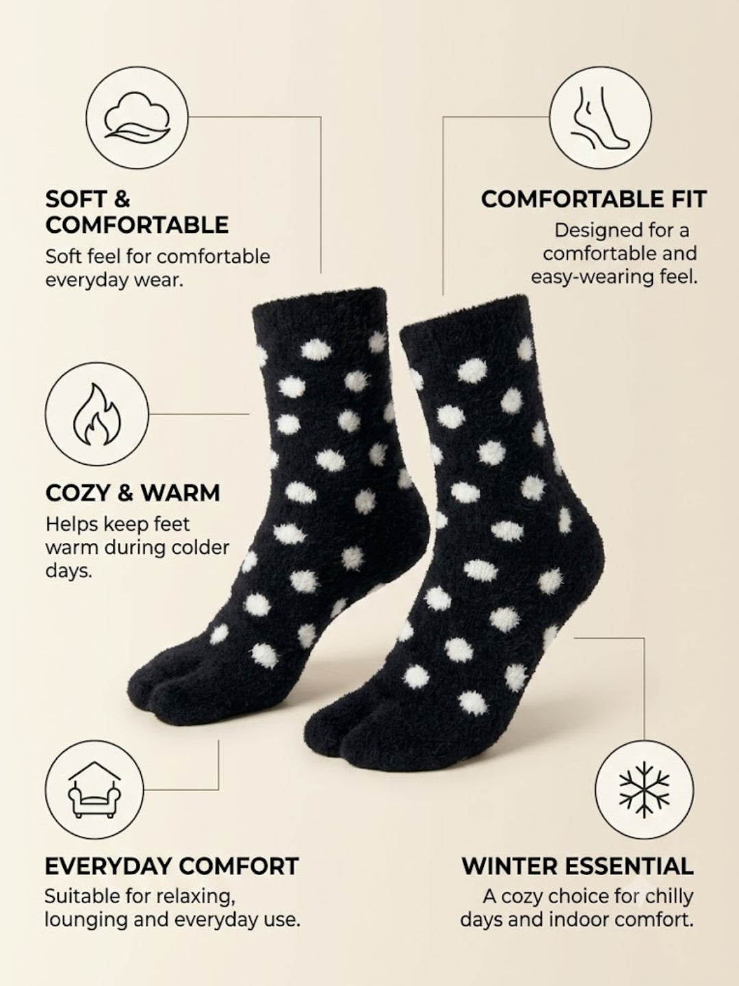 Cdeck Women Premium Hair Wool Socks | Soft Warm Fuzzy Winter Socks | Black & White Polka Dot | Free Size