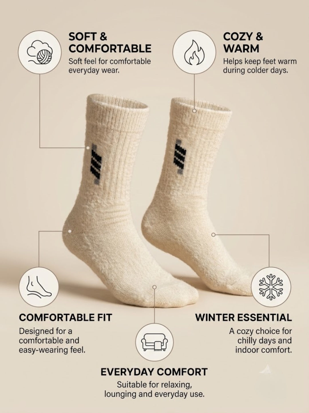 Cdeck Men’s Premium Hair Wool Winter Socks | Soft, Fuzzy, Warm & Comfortable | Cream White | Free Size