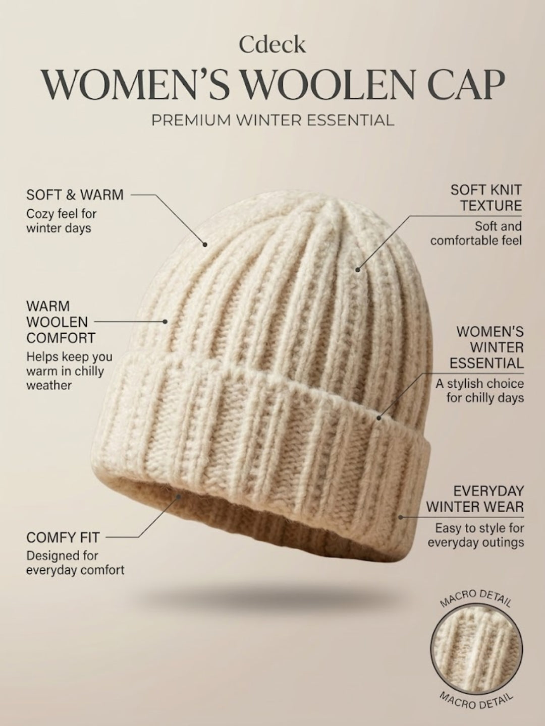 Cdeck Women Woolen Cap | Soft Knitted Winter Beanie for Women | Warm & Stylish Winter Wear | Free Size| Cream
