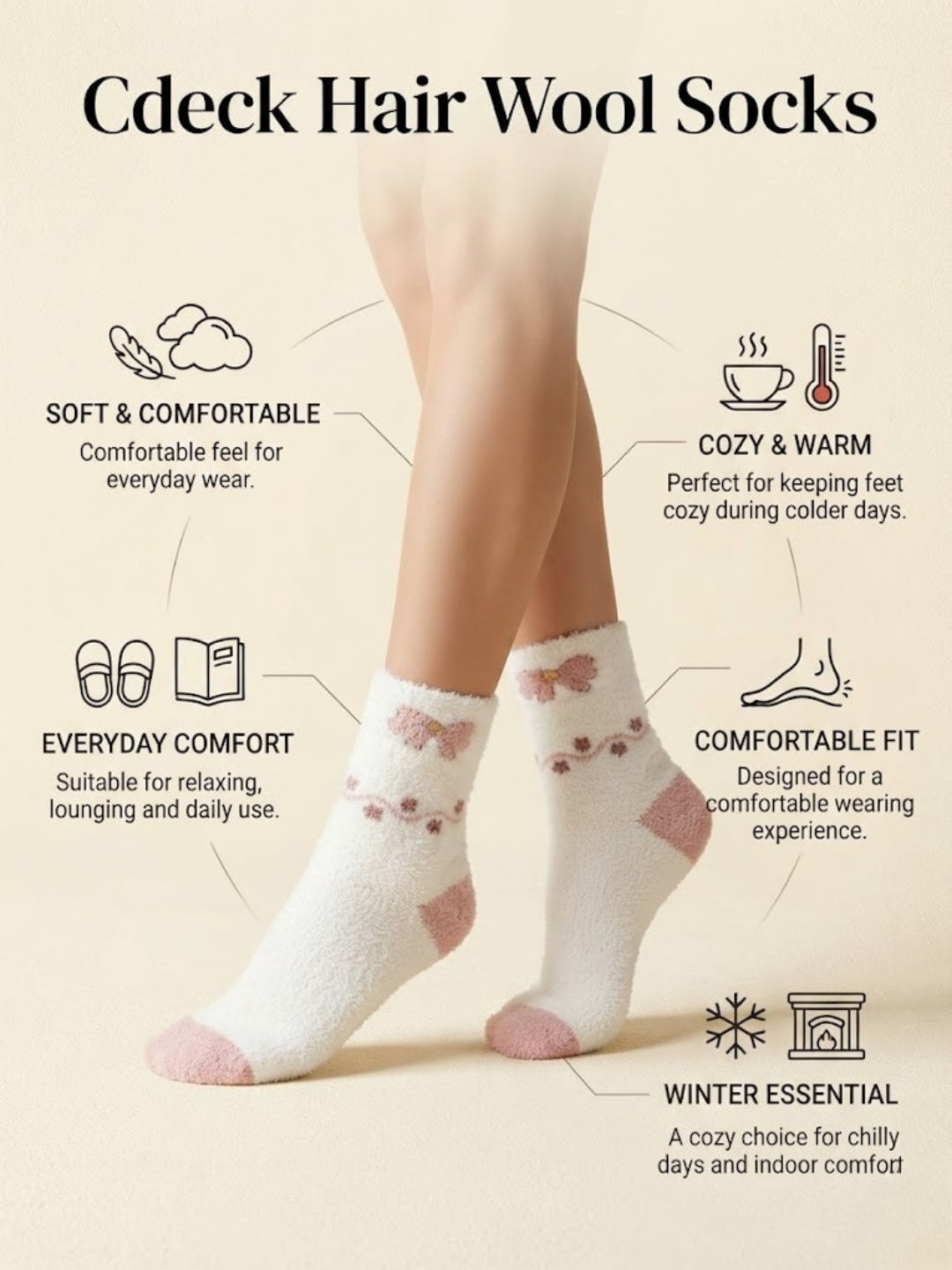 Cdeck Women’s White Fuzzy Socks with Pink Butterfly Design – Soft Plush Cozy Winter Socks