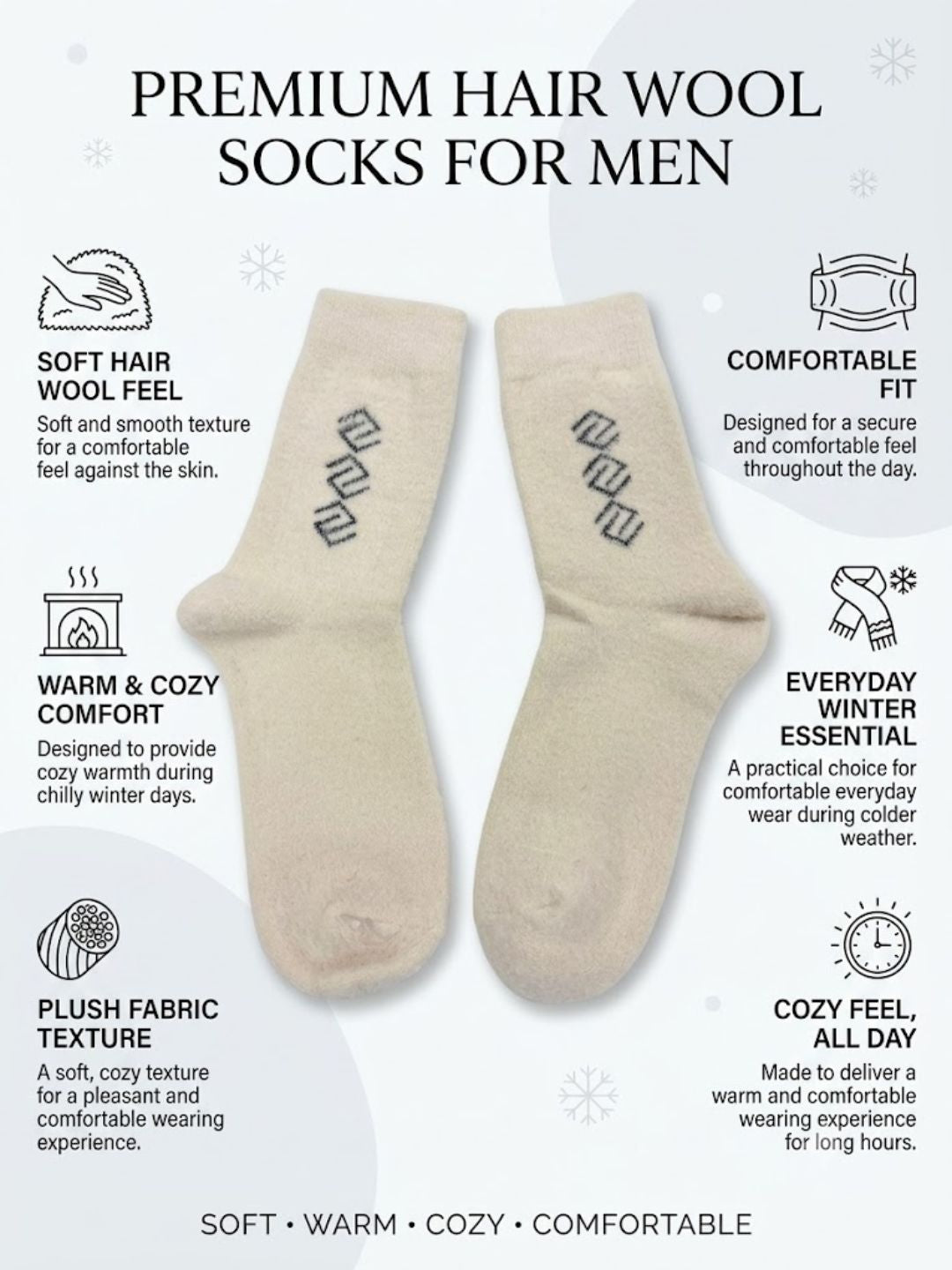 Cdeck Men’s Hair Wool Winter Socks | Soft, Warm & Comfortable | Cream | Free Size