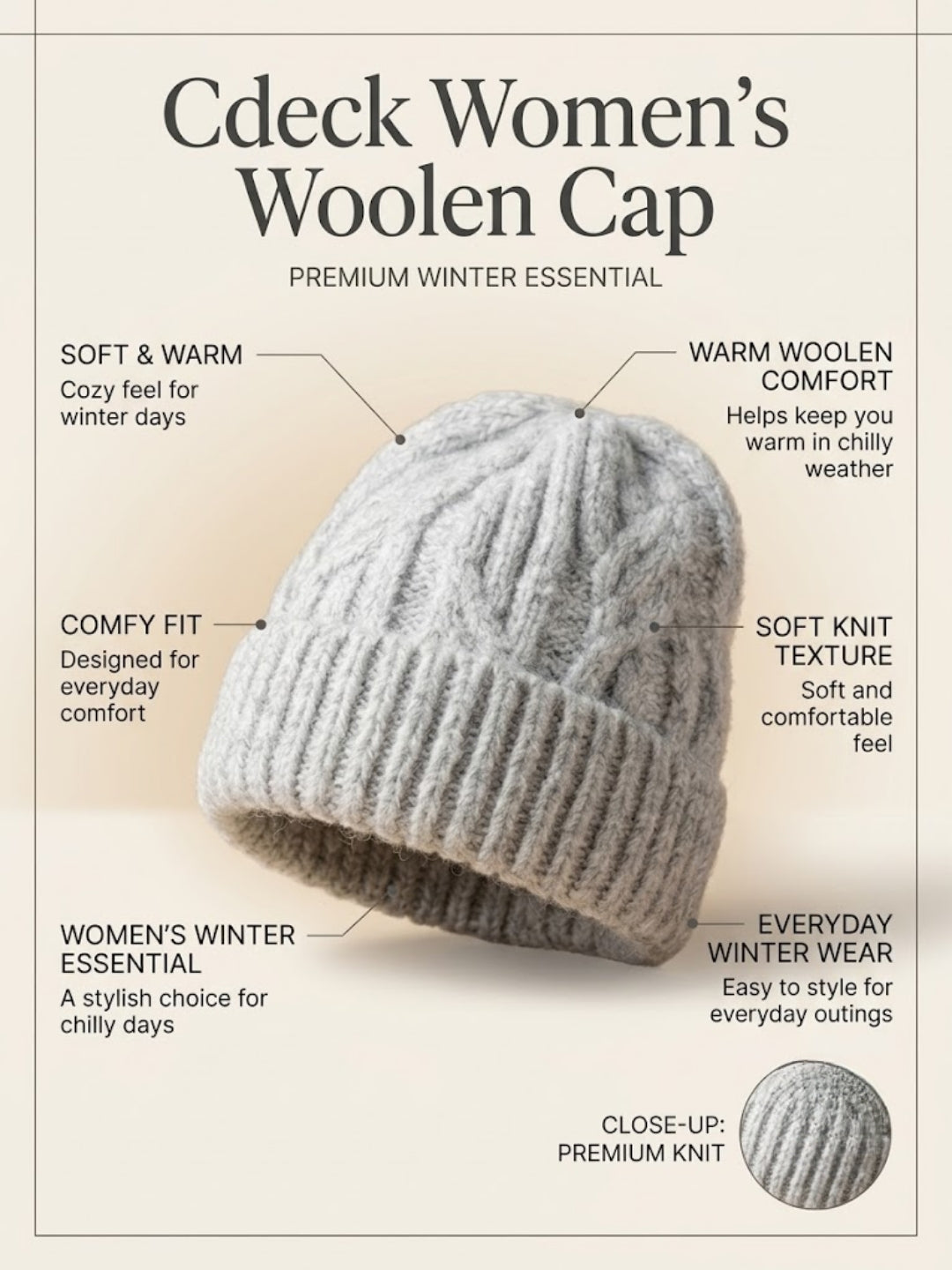 Cdeck Women Woolen Cap | Soft Knitted Winter Beanie for Women | Warm & Stylish Winter Wear | Free Size| Grey