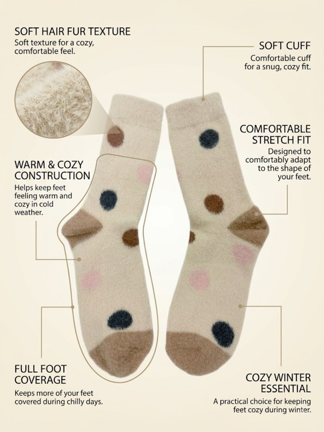 Cdeck Women’s Premium Hair Wool Fuzzy Socks | Soft & Warm Thick Winter Socks | Brown & Cream