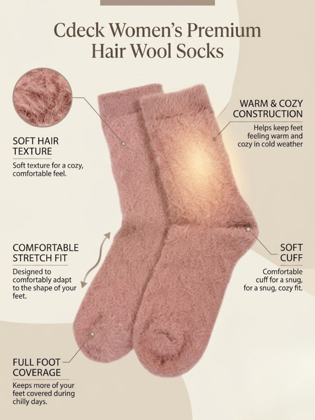 Cdeck Women’s Soft & Warm Woolen Fuzzy Socks | Cozy Thick Winter Socks for Women | Pink