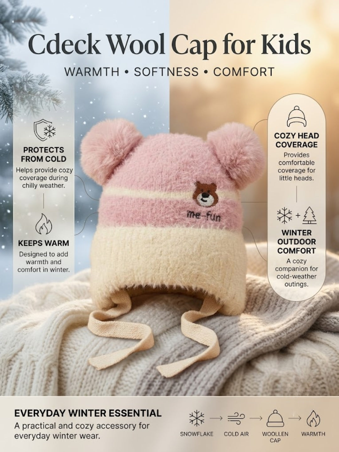 Cdeck Kids Woolen Winter Cap for Boys & Girls | Warm & Comfortable Winter Wear | 2–4 Years | Pink