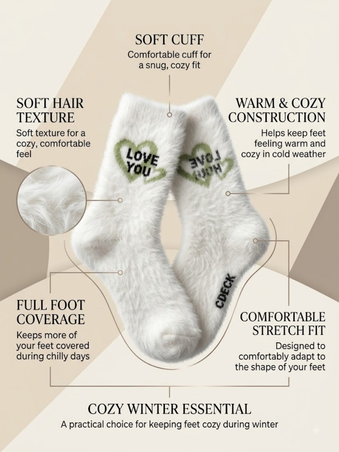 Cdeck Women’s Soft & Warm Fuzzy Winter Socks Heart Design | Cozy Comfortable Fluffy Socks | Free Size | Cream