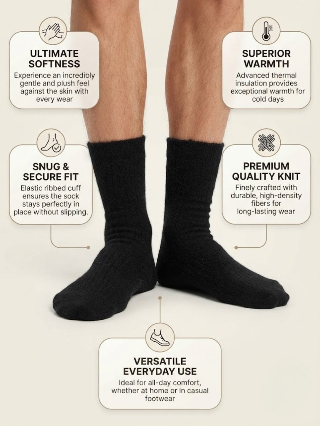 Cdeck Unisex Woolen Winter Socks | Soft Warm Wool Socks for Men & Women | Cozy Comfortable Winter Socks | Full Length | Black