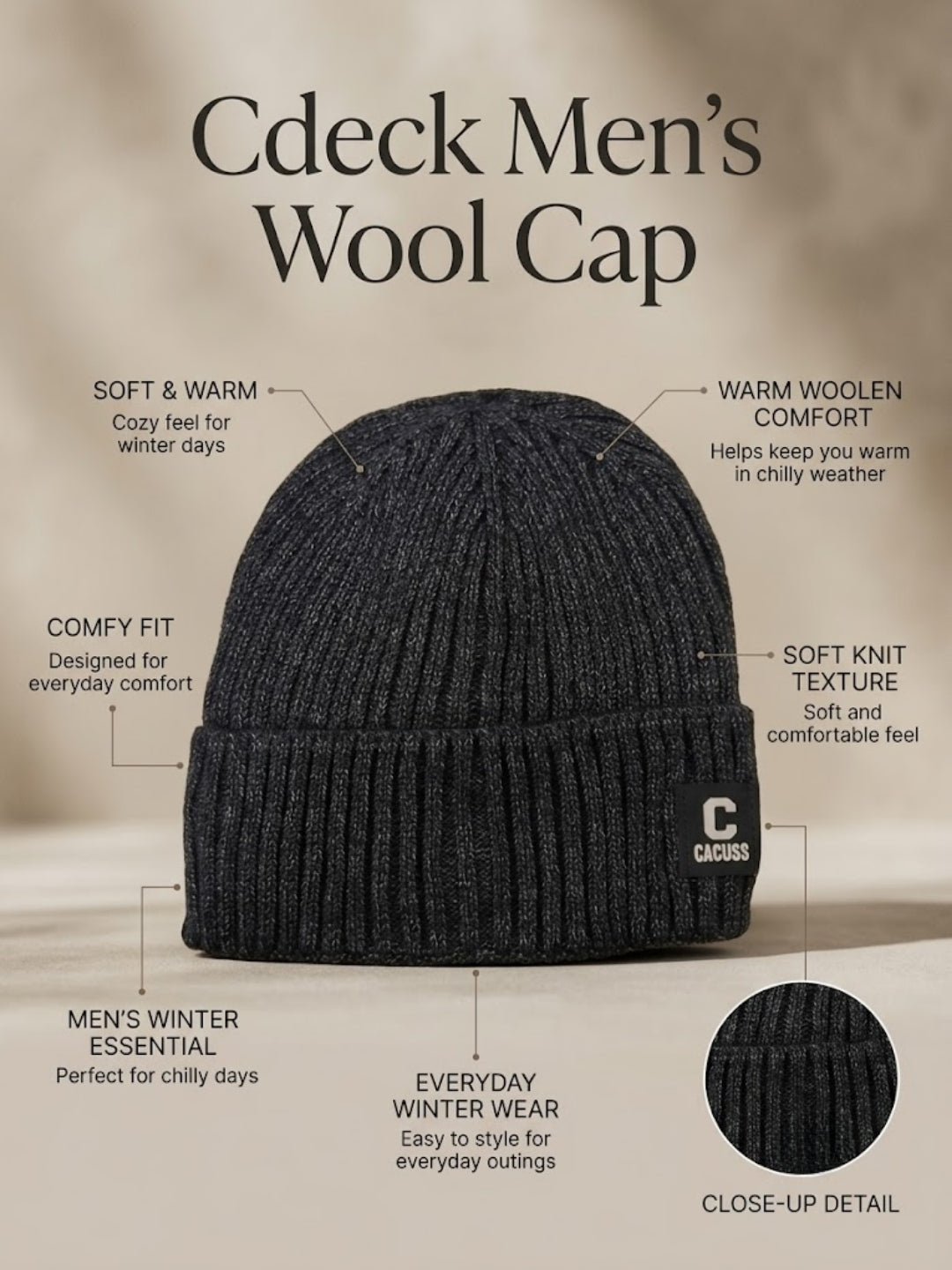 Cdeck Men’s Woolen Winter Cap | Ribbed Knitted Beanie | Free Size | Warm & Comfortable | Black