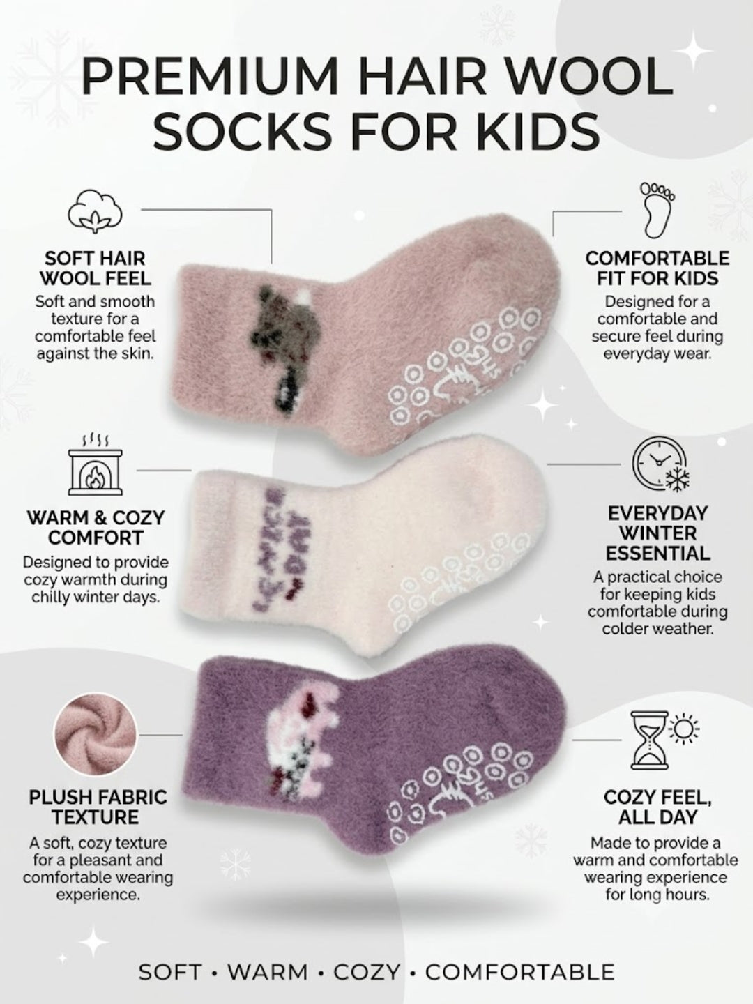 Cdeck Kids Premium Hair Wool Socks | Soft & Warm Winter Socks for Boys & Girls | 3 Pack | 0–4 Years | Multicolor