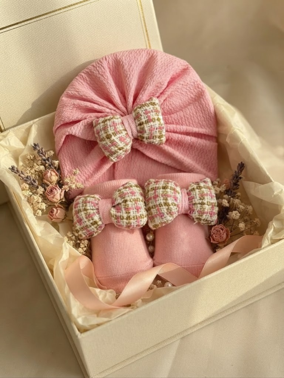Cdeck Pure Cotton Baby Socks and Cap Set | Soft Pink Floral Bow Design | Comfortable Newborn Accessories