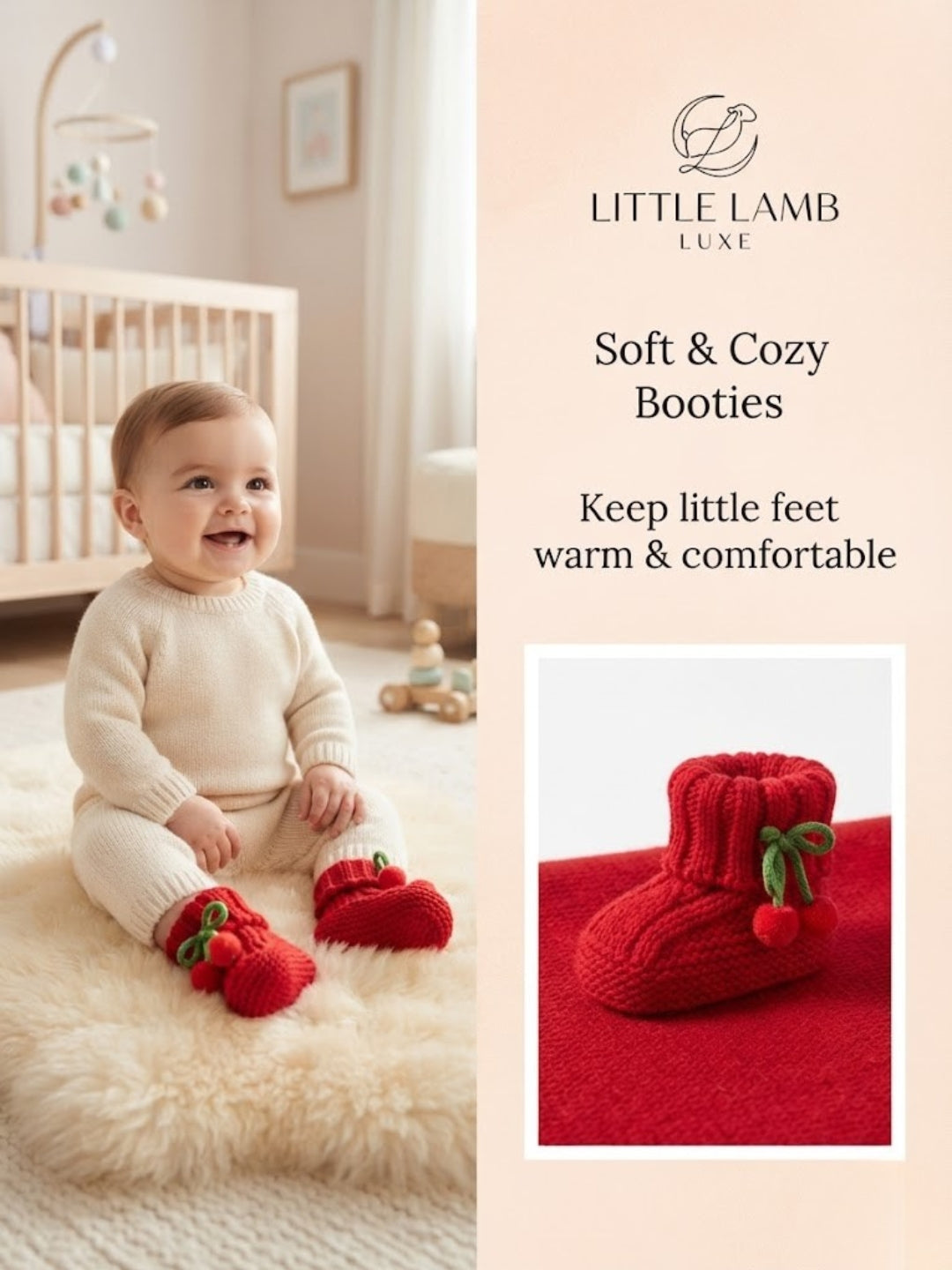 Cdeck Baby Wool Booties with Cherry Pom-Pom Design | Soft Knitted Baby Shoes | Cute Red Booties for Babies 0–9 Months