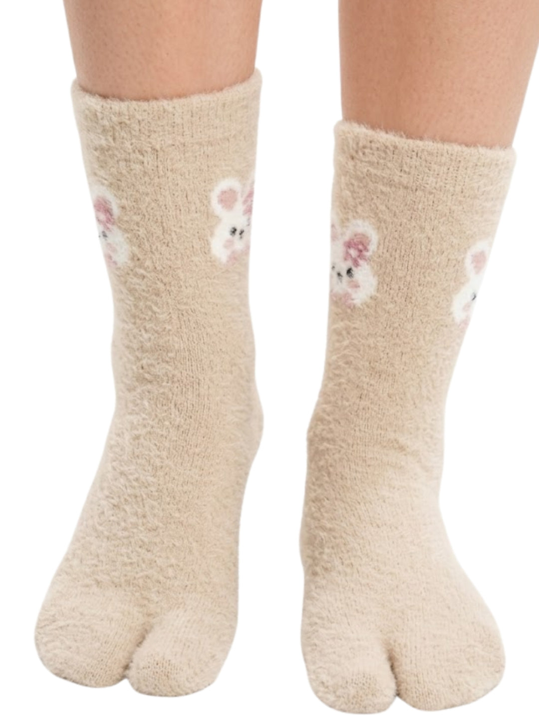 Cdeck Women’s Premium Fuzzy Split-Toe Socks – Cute Bunny Design, Warm Winter Socks, Free Size, Beige