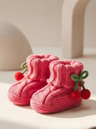 Baby Wool Booties with Cherry Pom-Pom Design | Soft Knitted Baby Shoes | Cute Pink Booties for Babies 0–9 Months