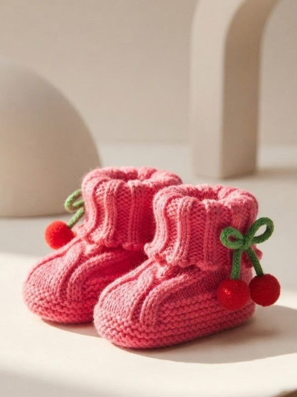 Baby Wool Booties with Cherry Pom-Pom Design | Soft Knitted Baby Shoes | Cute Pink Booties for Babies 0–9 Months