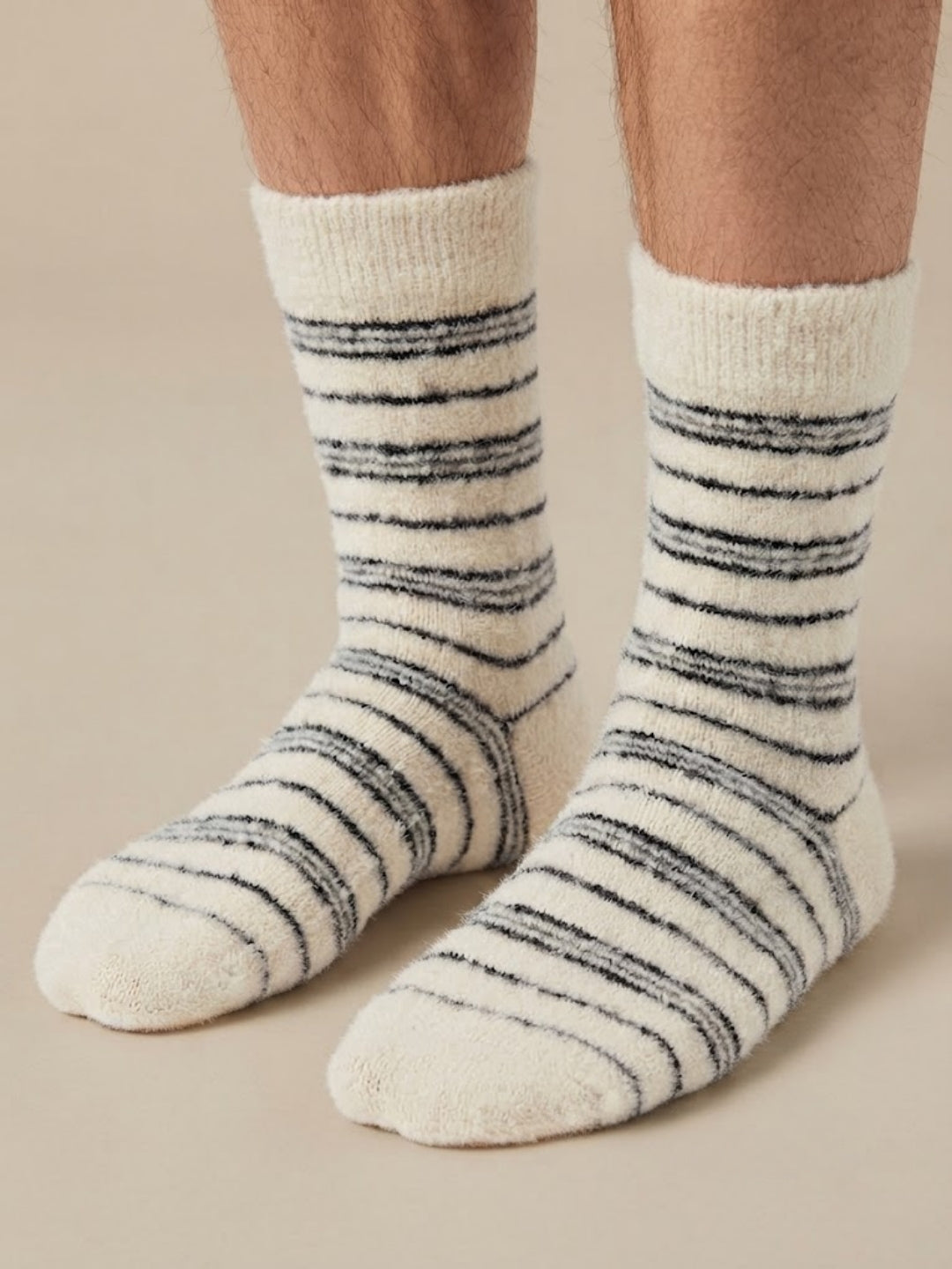 Cdeck Men’s Hair Wool Winter Socks | Single Pair | Soft, Warm, Fuzzy & Stretchable | Cream Striped