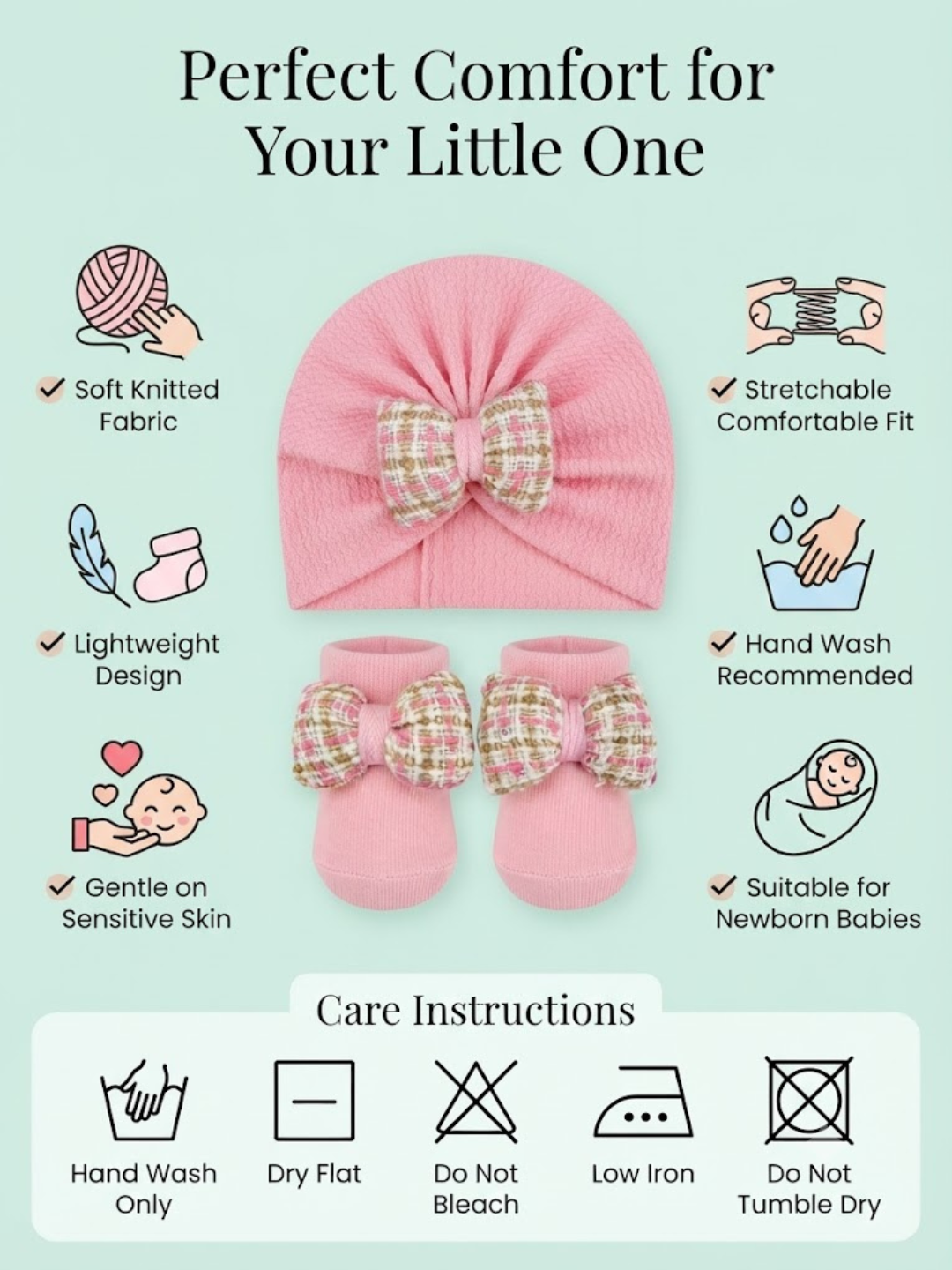 Cdeck Pure Cotton Baby Socks and Cap Set | Soft Pink Floral Bow Design | Comfortable Newborn Accessories