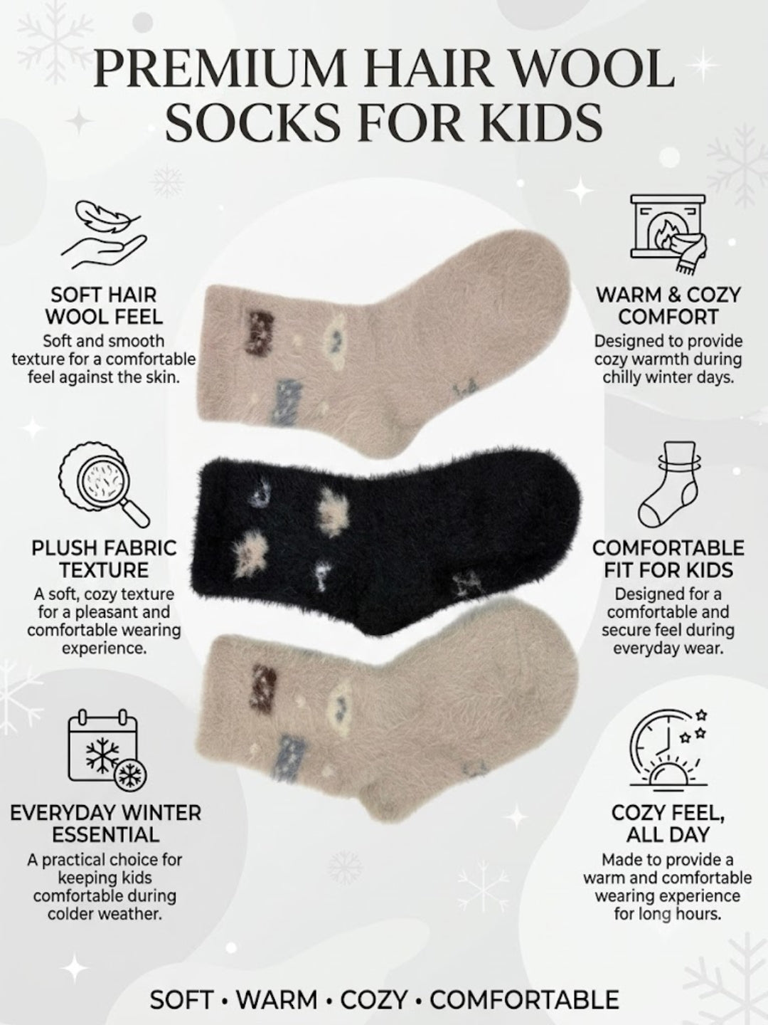 Cdeck Kids Premium Hair Wool Winter Socks | Soft, Warm & Cozy Socks  | 2–12 Years | Black & Cream | Multicolor Pack