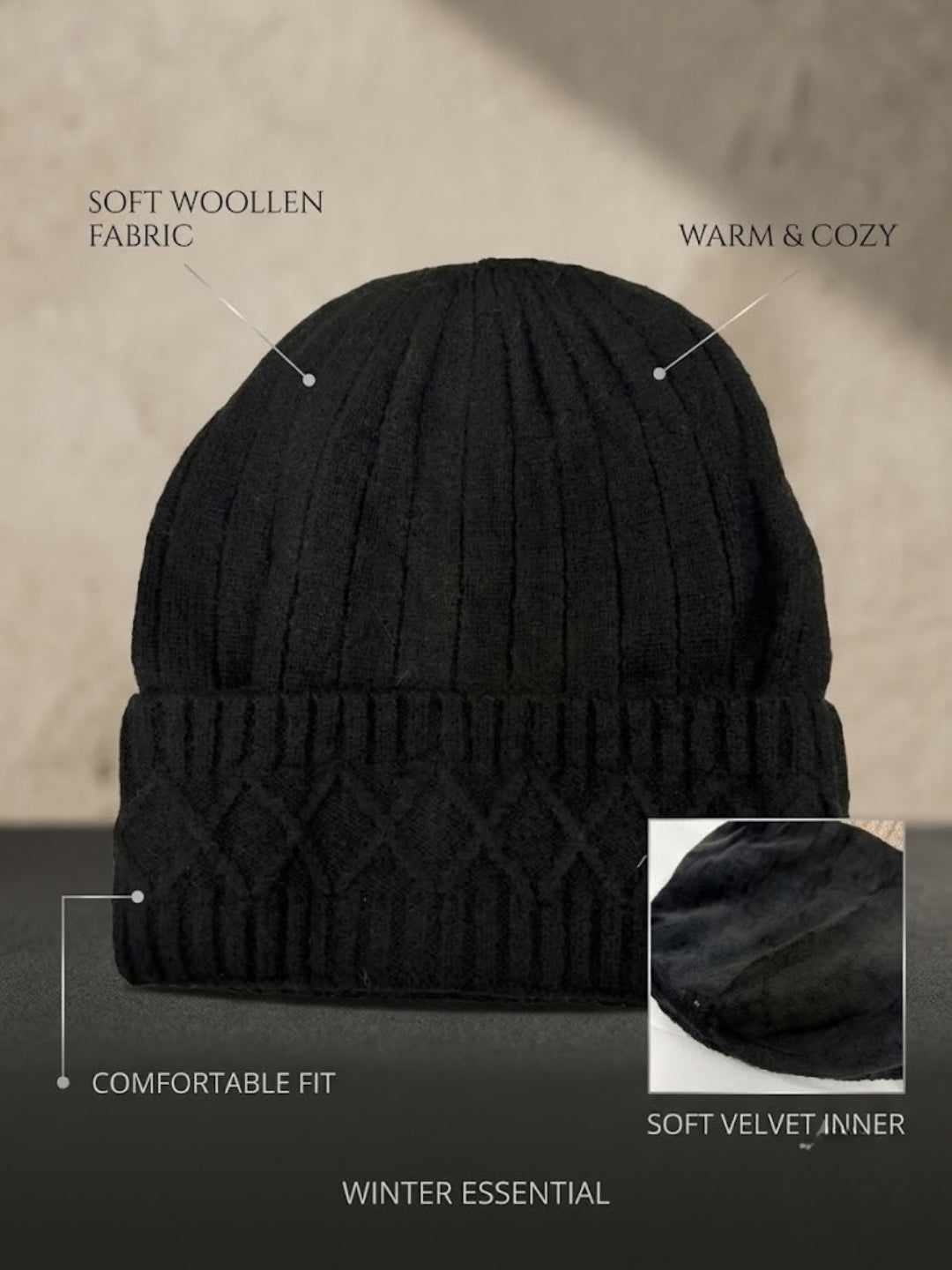 Cdeck Men’s Woolen Winter Cap | Soft, Warm & Comfortable Cap for Everyday Wear | Free Size | Black