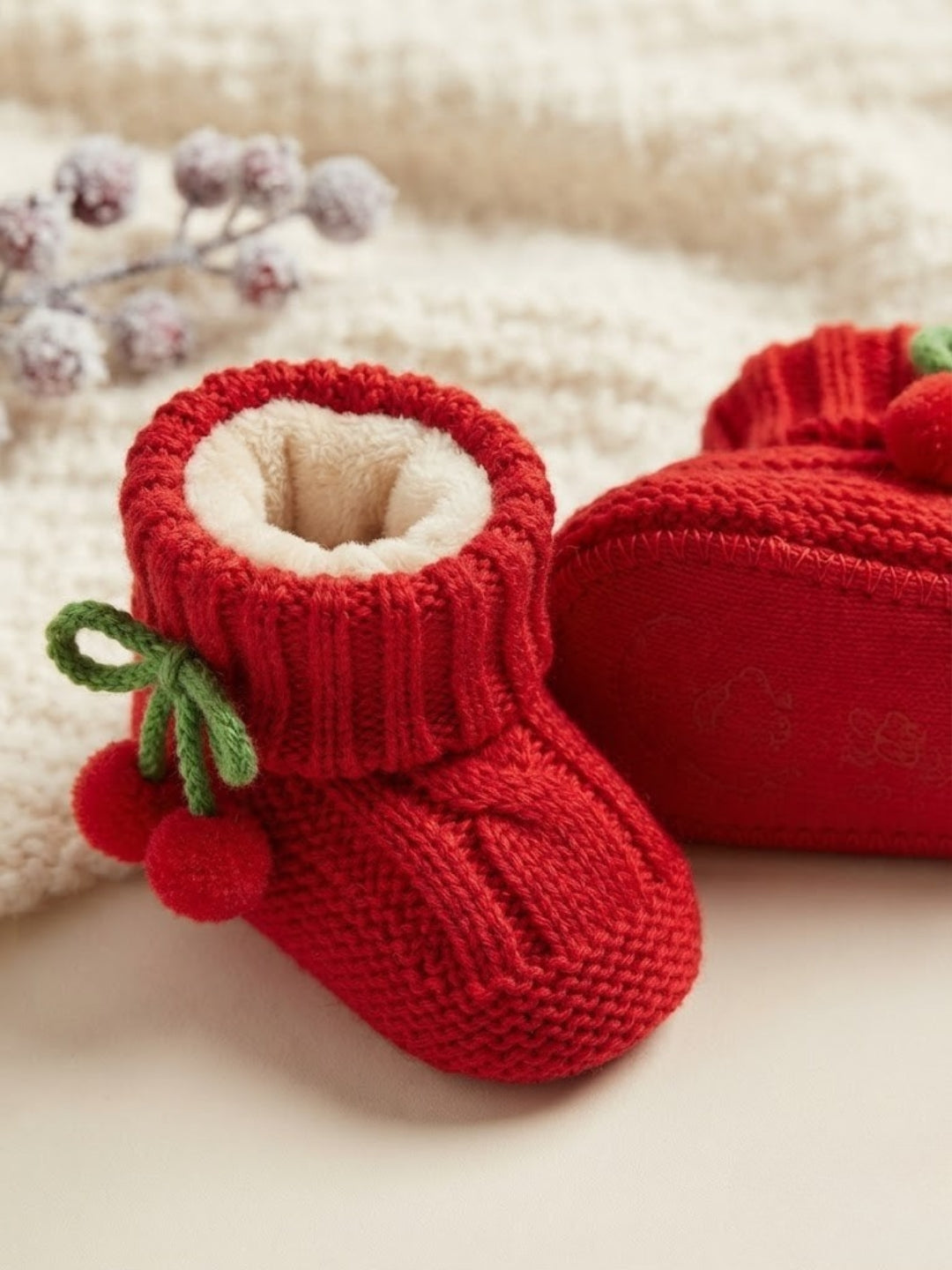 Cdeck Baby Wool Booties with Cherry Pom-Pom Design | Soft Knitted Baby Shoes | Cute Red Booties for Babies 0–9 Months