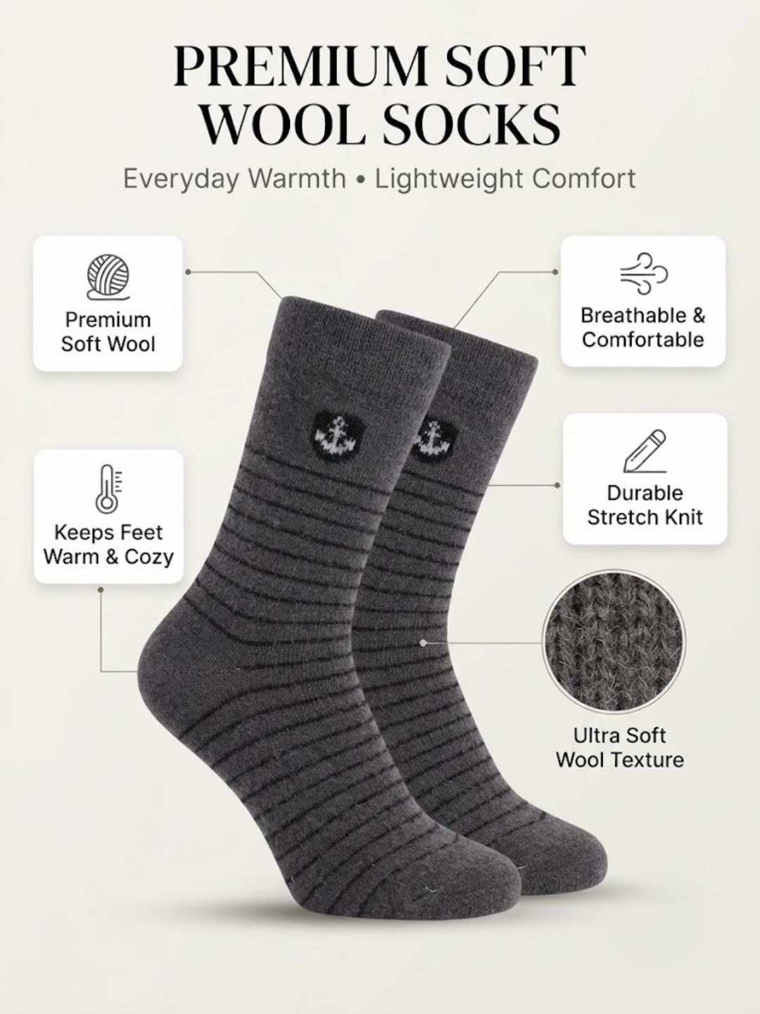 Cdeck Men’s Soft Wool Socks | Charcoal Grey Ribbed Warm Winter Socks