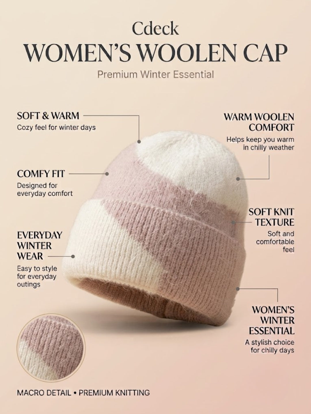 Cdeck Women Woolen Cap | Soft Knitted Winter Beanie for Women | Warm & Stylish Winter Wear | Free Size