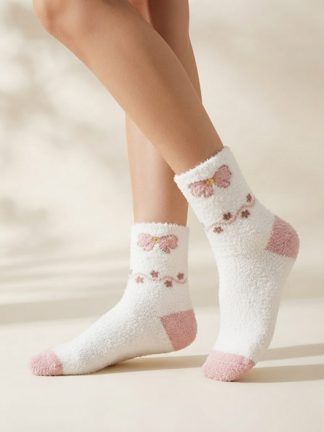 Cdeck Women’s White Fuzzy Socks with Pink Butterfly Design – Soft Plush Cozy Winter Socks
