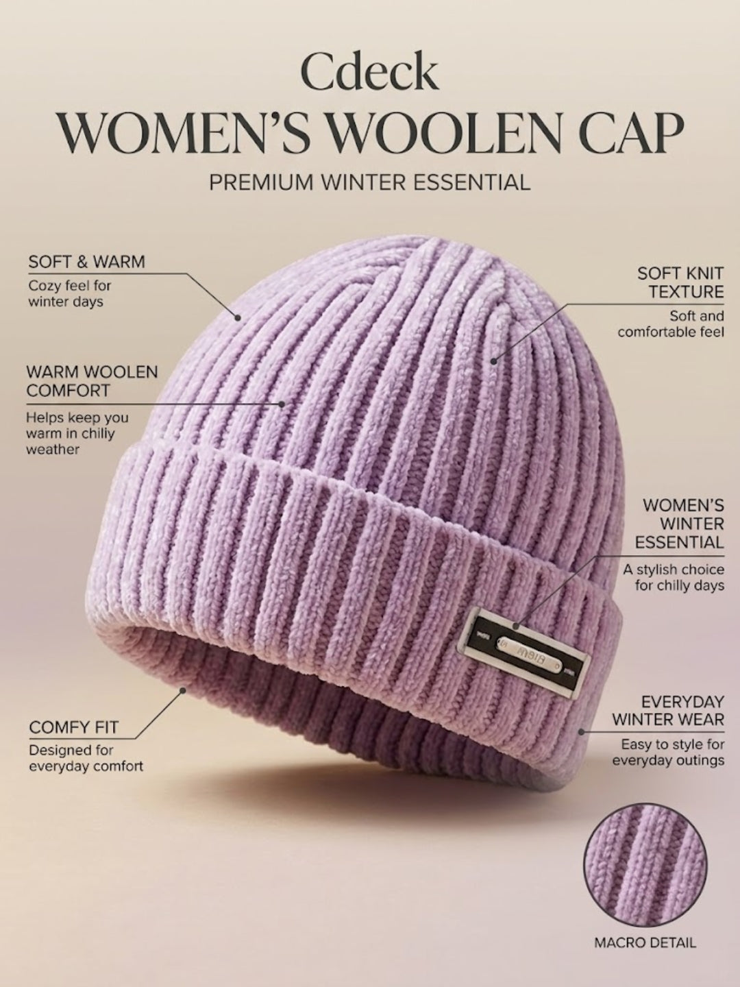 Cdeck Women Woolen Cap | Soft Knitted Winter Beanie for Women | Warm & Stylish Winter Wear | Free Size| Purple