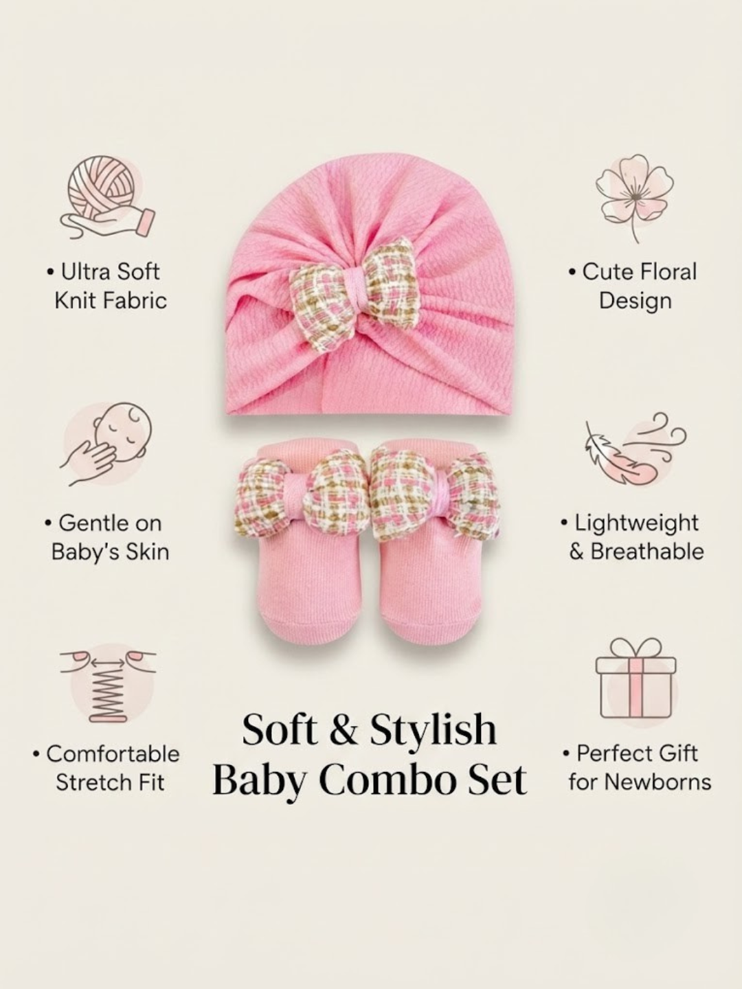 Cdeck Pure Cotton Baby Socks and Cap Set | Soft Pink Floral Bow Design | Comfortable Newborn Accessories