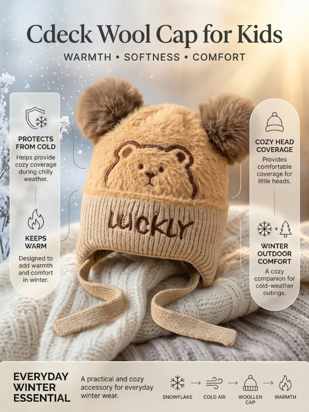 Cdeck Kids Woolen Winter Cap for Boys & Girls | Warm & Comfortable Winter Wear | 2–4 Years |Brown