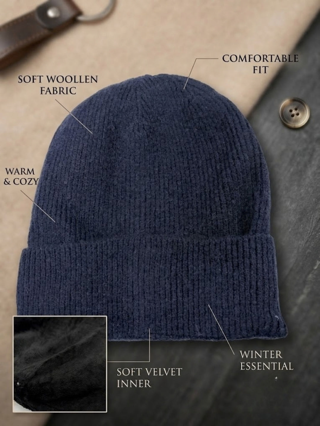 Cdeck Men’s Woolen Winter Cap | Soft, Warm & Comfortable Cap for Everyday Wear | Free Size  |Blue