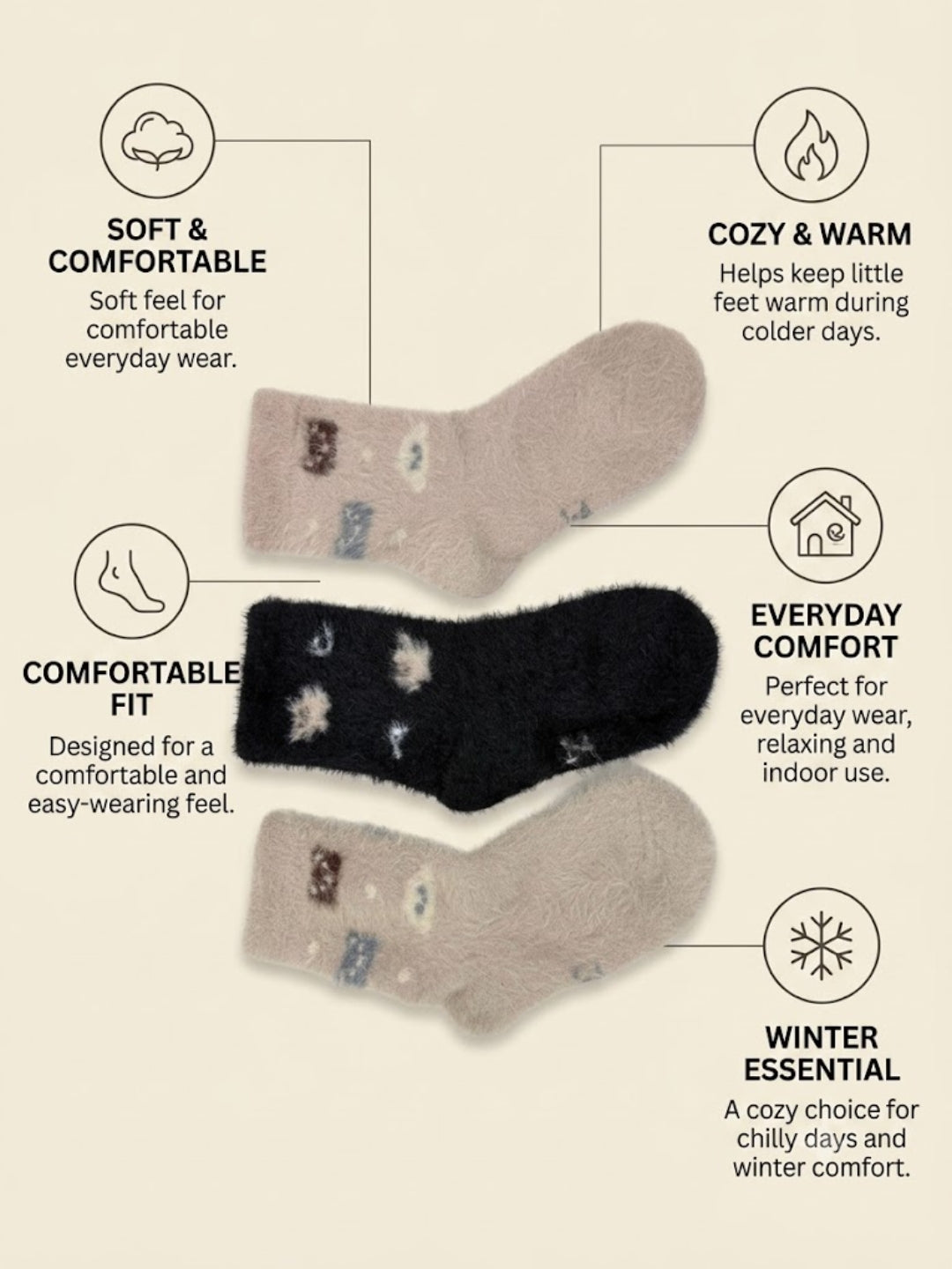 Cdeck Kids Premium Hair Wool Winter Socks | Soft, Warm & Cozy Socks  | 2–12 Years | Black & Cream | Multicolor Pack