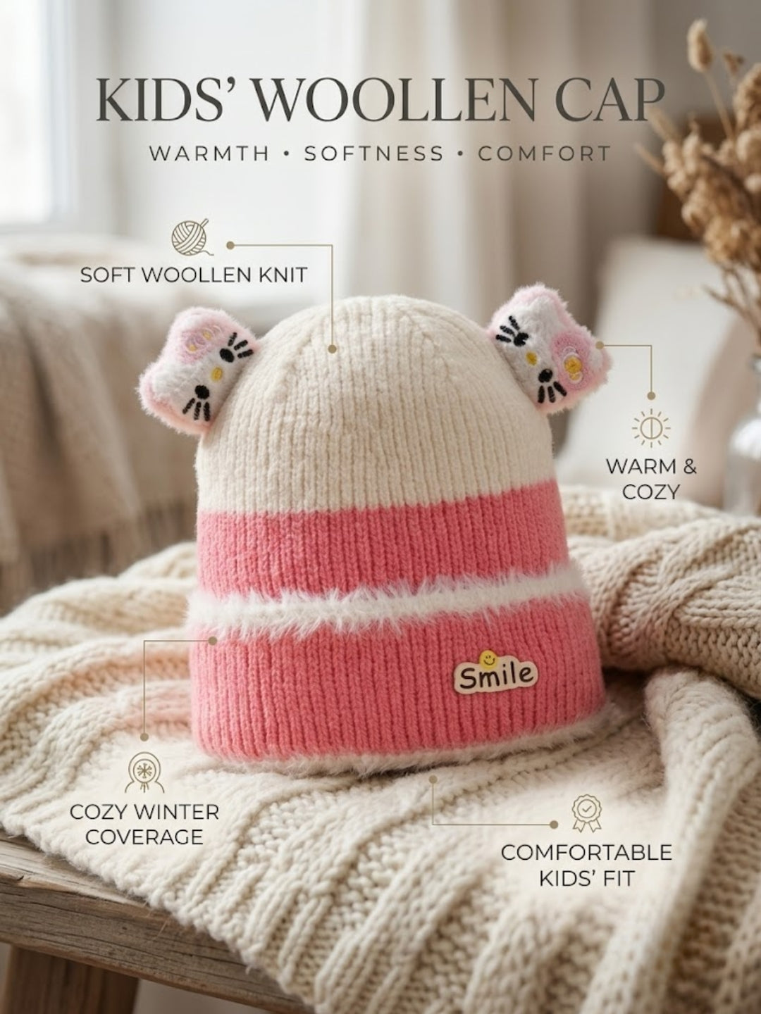 Cdeck Kids Woolen Winter Cap for Boys & Girls | Warm & Comfortable Winter Wear | 2–4 Years | Pink