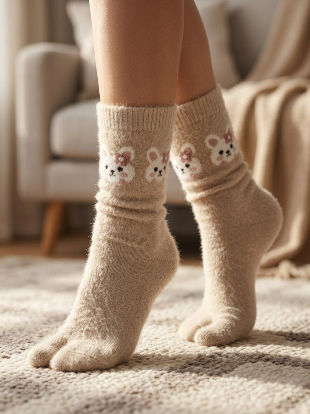 Cdeck Women’s Premium Fuzzy Split-Toe Socks – Cute Bunny Design, Warm Winter Socks, Free Size, Beige