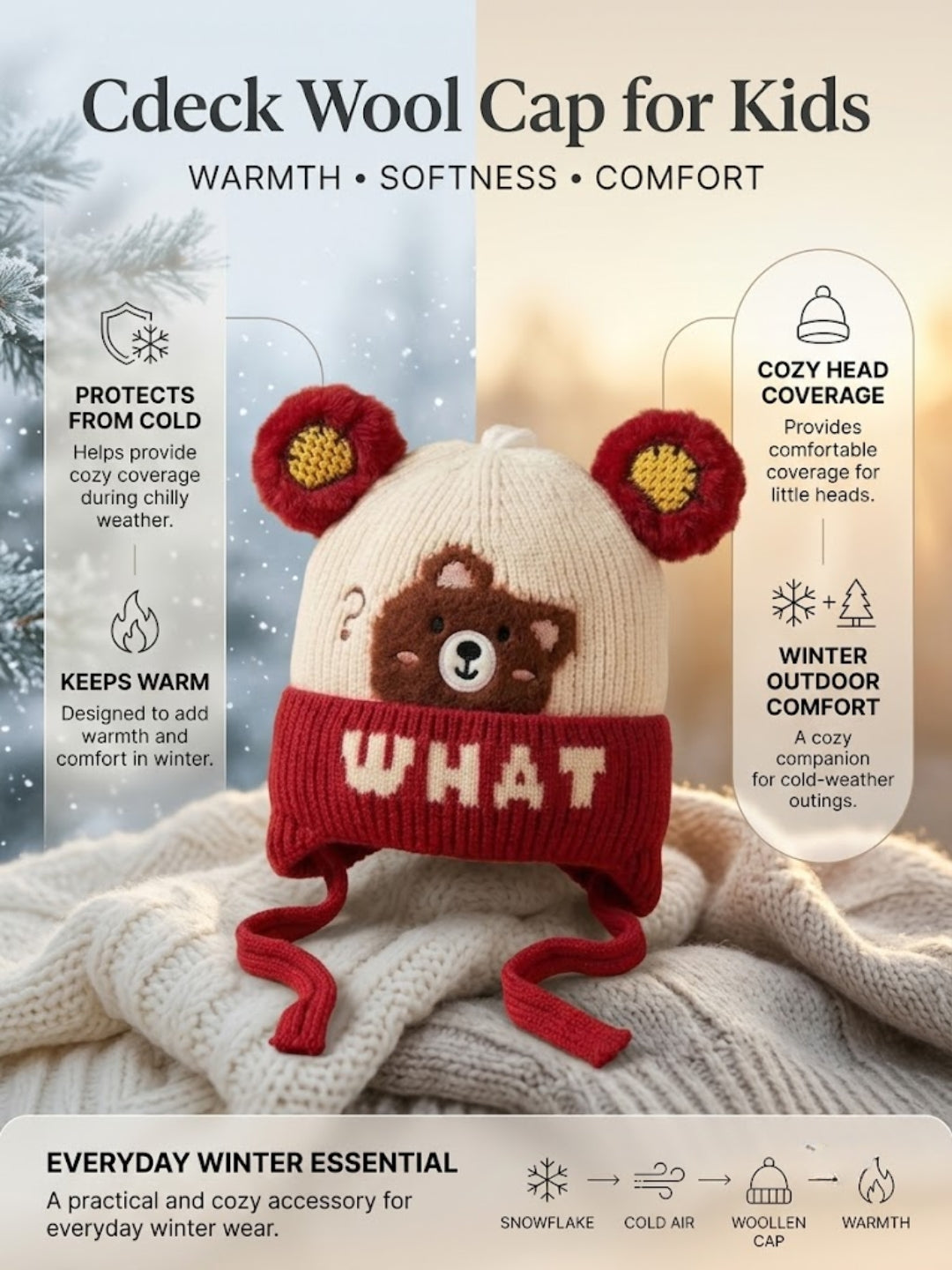 Cdeck Kids Woolen Winter Cap for Boys & Girls | Warm & Comfortable Winter Wear | 2–4 Years| Red