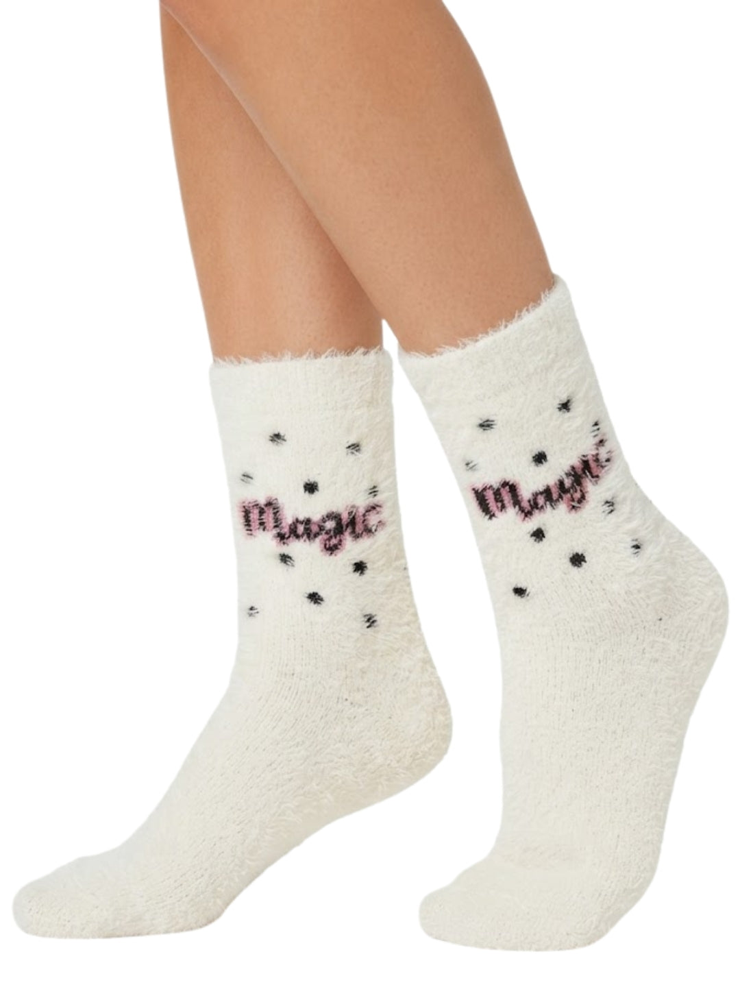 Cdeck Women’s White Fuzzy Socks with Pink  Design – Soft Plush Cozy Winter Socks