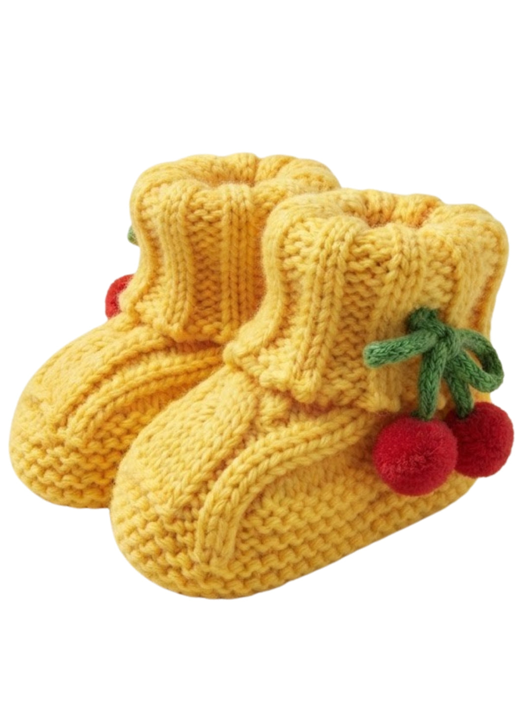 Cdeck Baby Wool Booties with Cherry Pom-Pom Design | Soft Knitted Baby Shoes | Cute Yellow Booties for Babies 0-9 Months