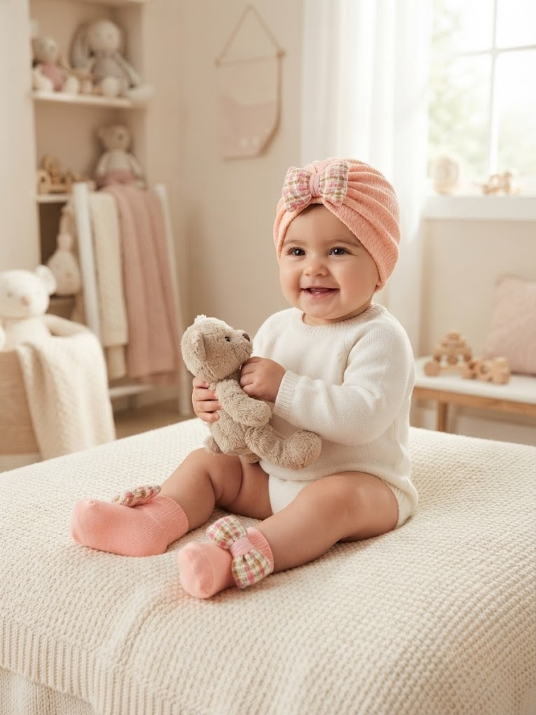 Cdeck Pure Cotton Baby Socks and Cap Set | Soft Pink Floral Bow Design | Comfortable Newborn Accessories