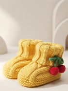 Cdeck Baby Wool Booties with Cherry Pom-Pom Design | Soft Knitted Baby Shoes | Cute Yellow Booties for Babies 0-9 Months