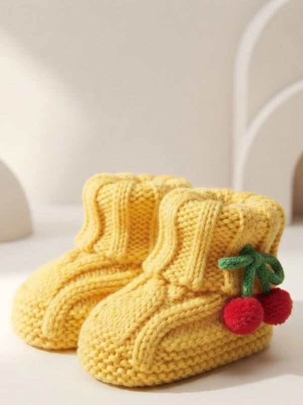 Cdeck Baby Wool Booties with Cherry Pom-Pom Design | Soft Knitted Baby Shoes | Cute Yellow Booties for Babies 0-9 Months