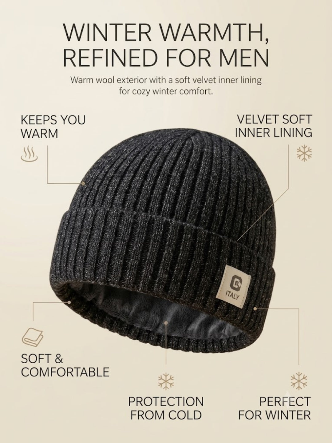 Cdeck Men’s Woolen Winter Cap | Ribbed Knitted Beanie | Free Size | Warm & Comfortable | Black