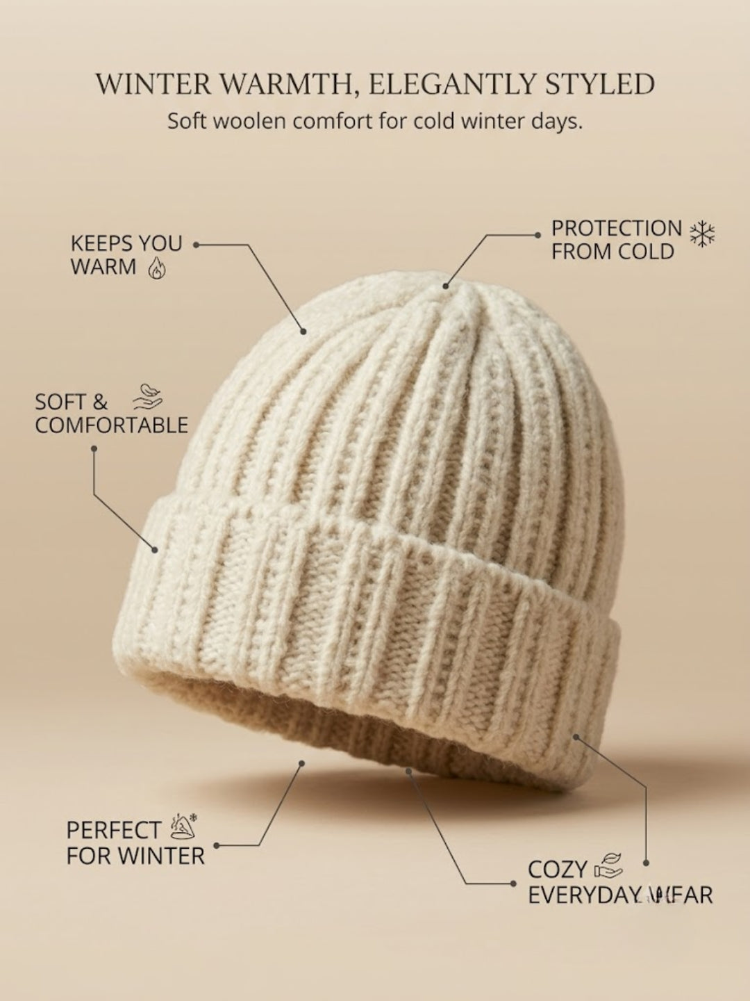 Cdeck Women Woolen Cap | Soft Knitted Winter Beanie for Women | Warm & Stylish Winter Wear | Free Size| Cream