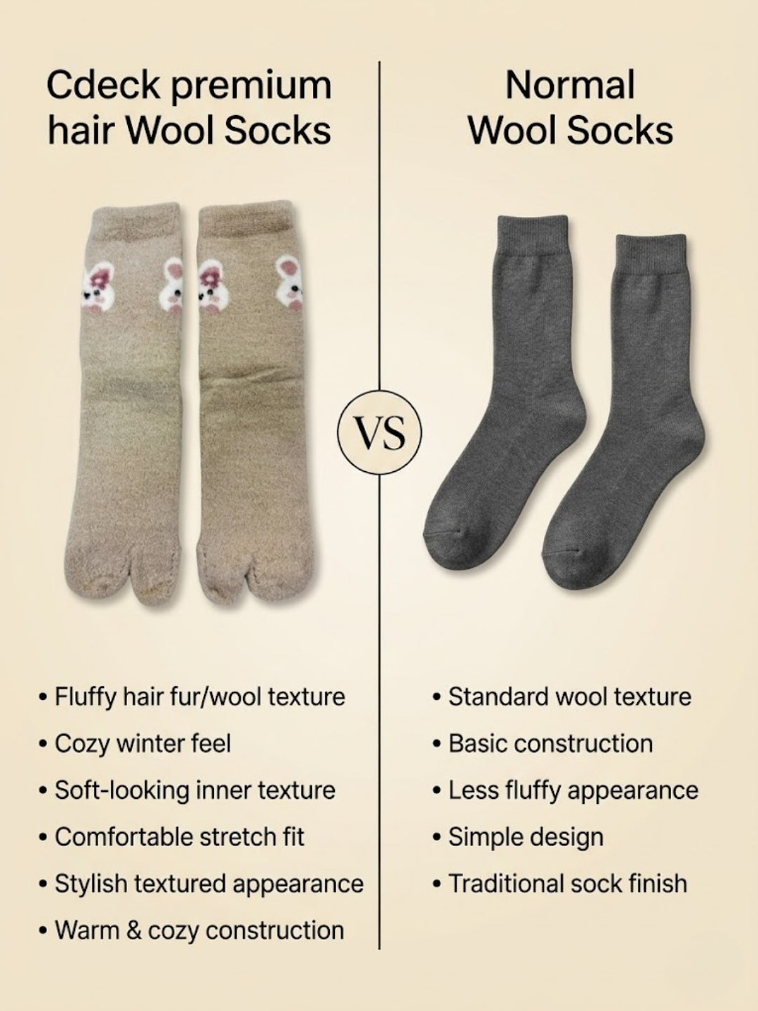 Cdeck Women’s Premium Fuzzy Split-Toe Socks – Cute Bunny Design, Warm Winter Socks, Free Size, Beige