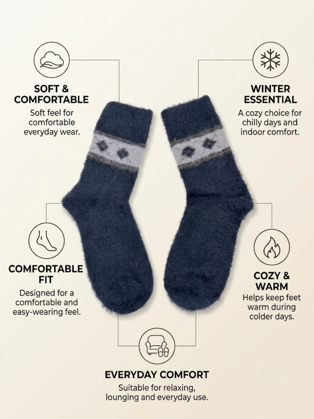 Cdeck Men’s Premium Fuzzy Wool Winter Socks | Soft, Warm & Comfortable | Stretchable Free Size | Navy Blue