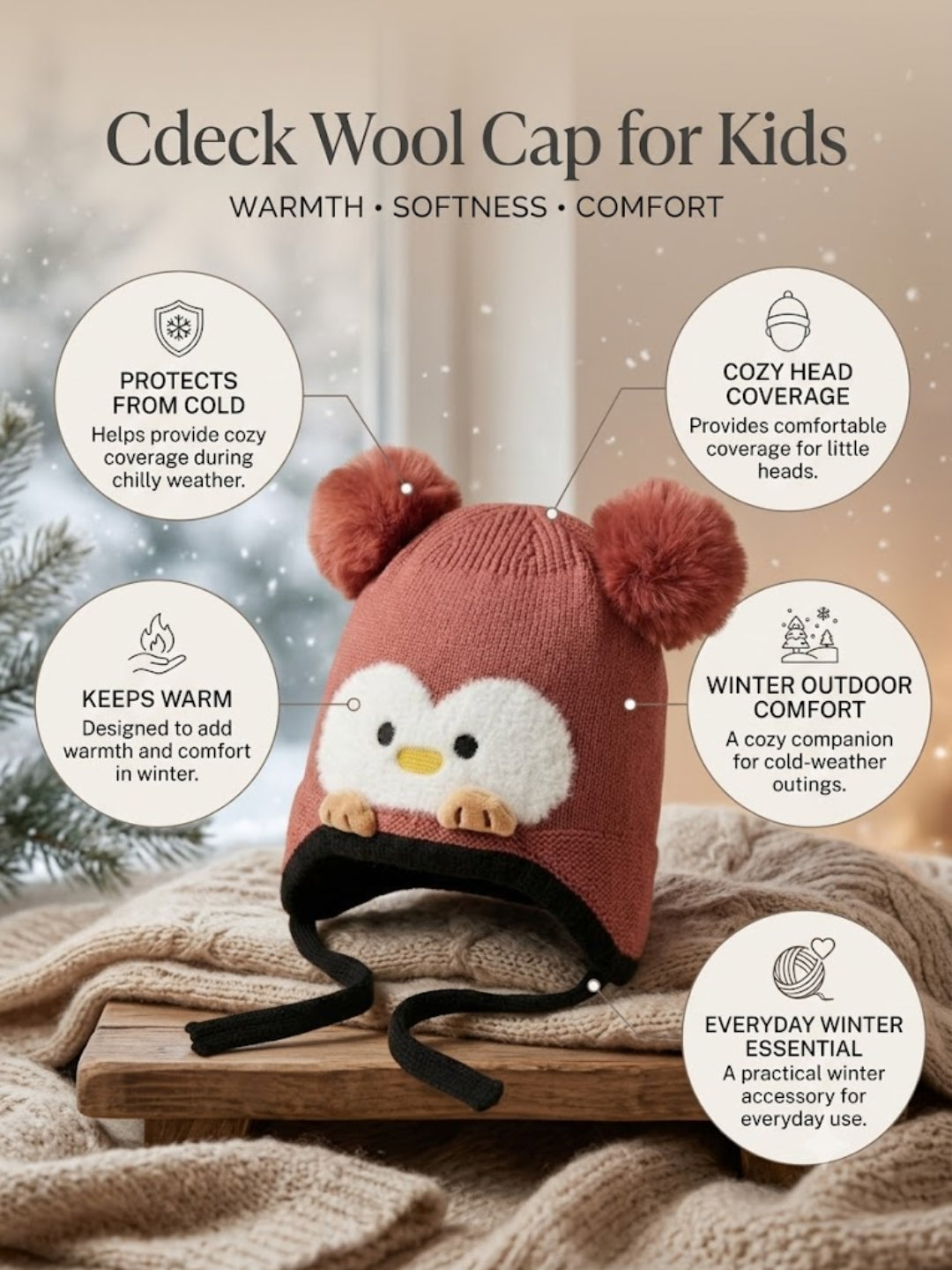 Cdeck Kids Woolen Winter Cap for Boys & Girls | Warm & Comfortable Winter Wear | 2–4 Years | Red