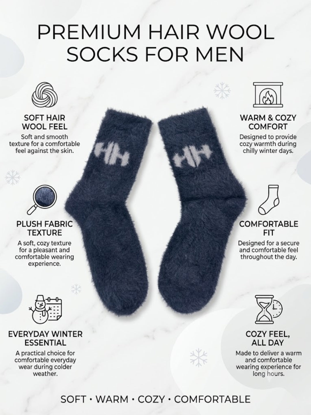 Cdeck Men’s Hair Wool Winter Socks | 2 Pair Combo | Soft, Warm, Fuzzy & Stretchable | Grey & Navy Blue