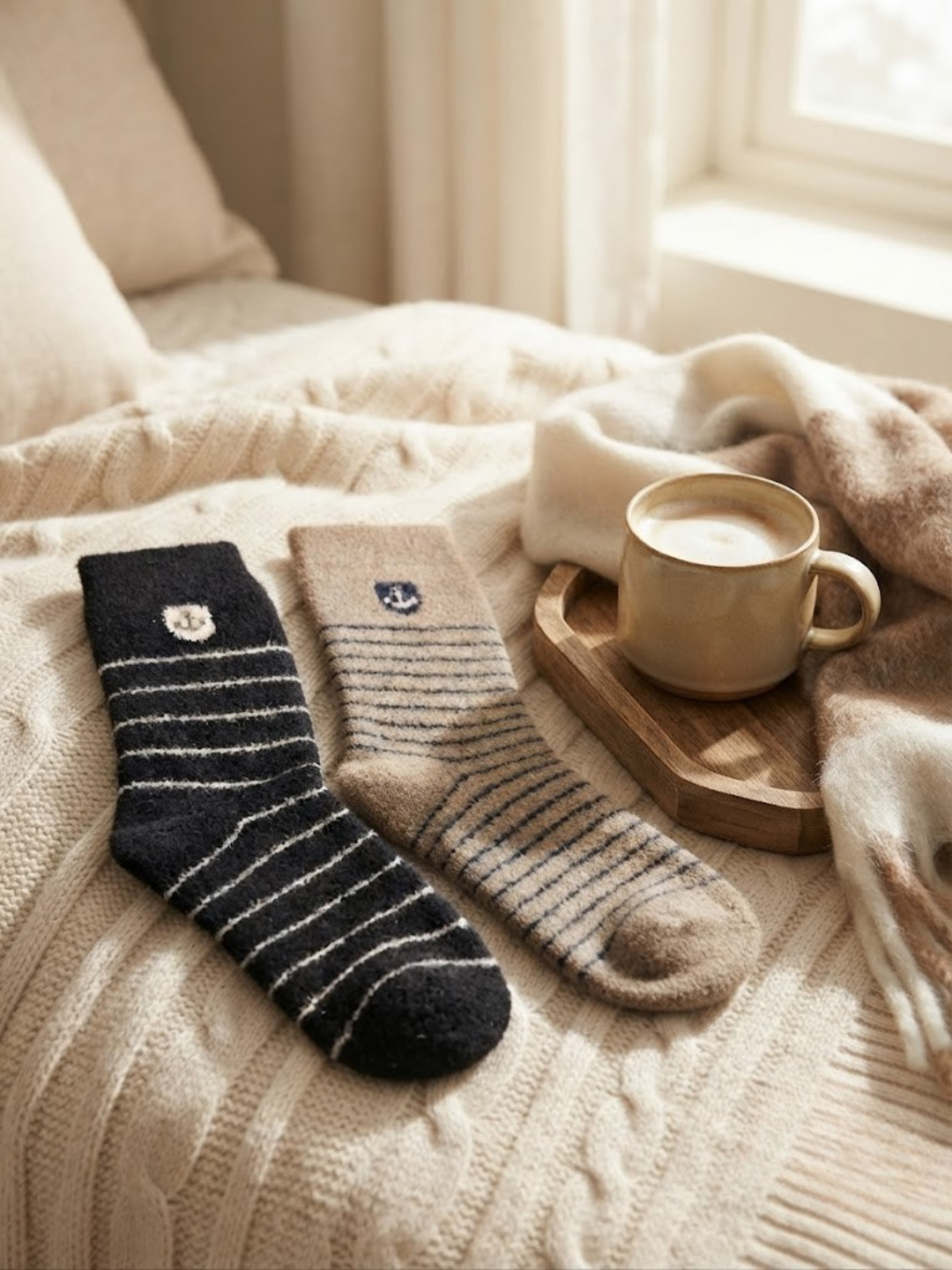 Cdeck Men’s Soft Wool Socks Combo | Warm Black & Beige Winter Socks