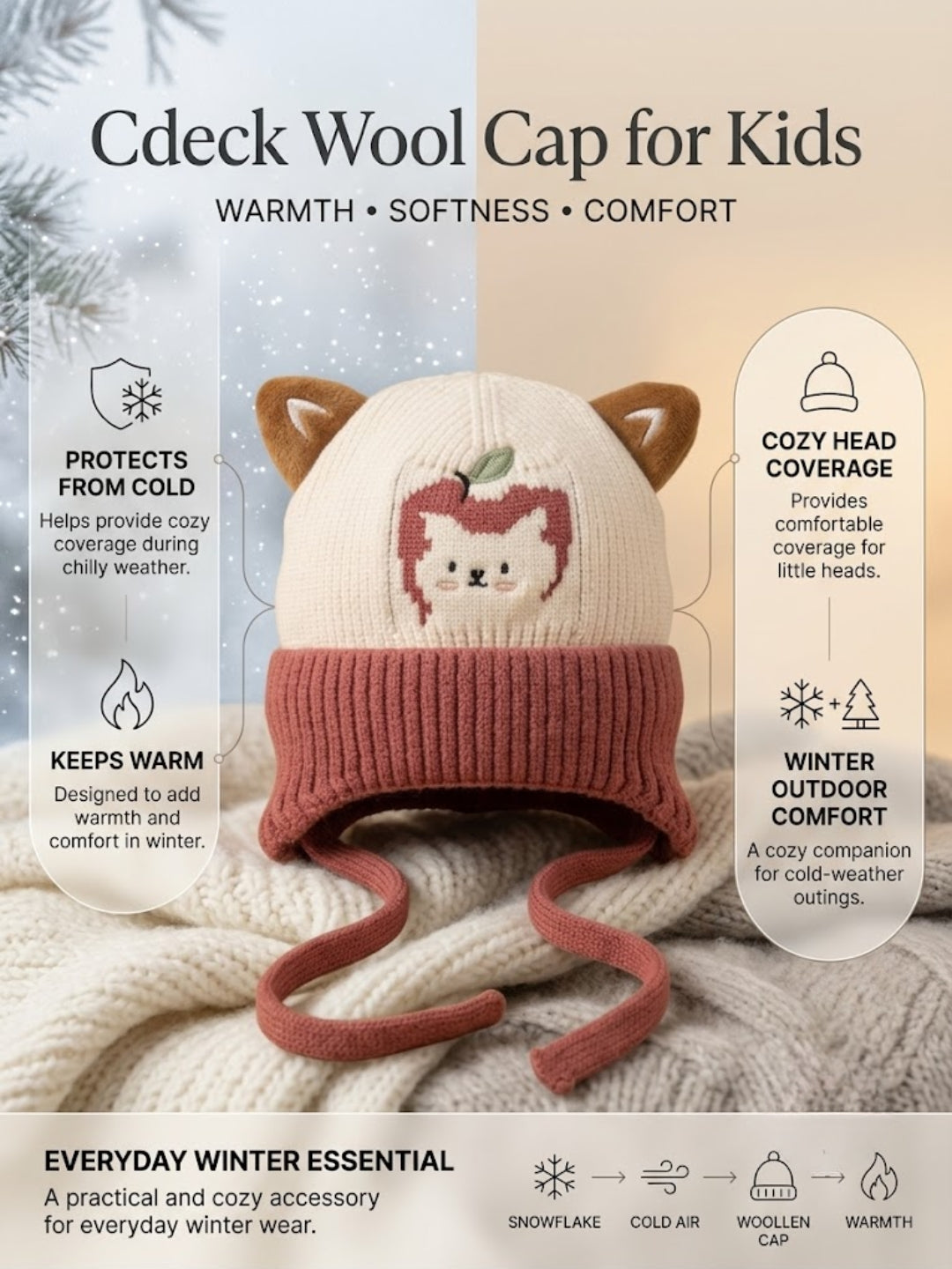 Cdeck Kids Woolen Winter Cap for Boys & Girls | Warm & Comfortable Winter Wear | 2–4 Years | Red