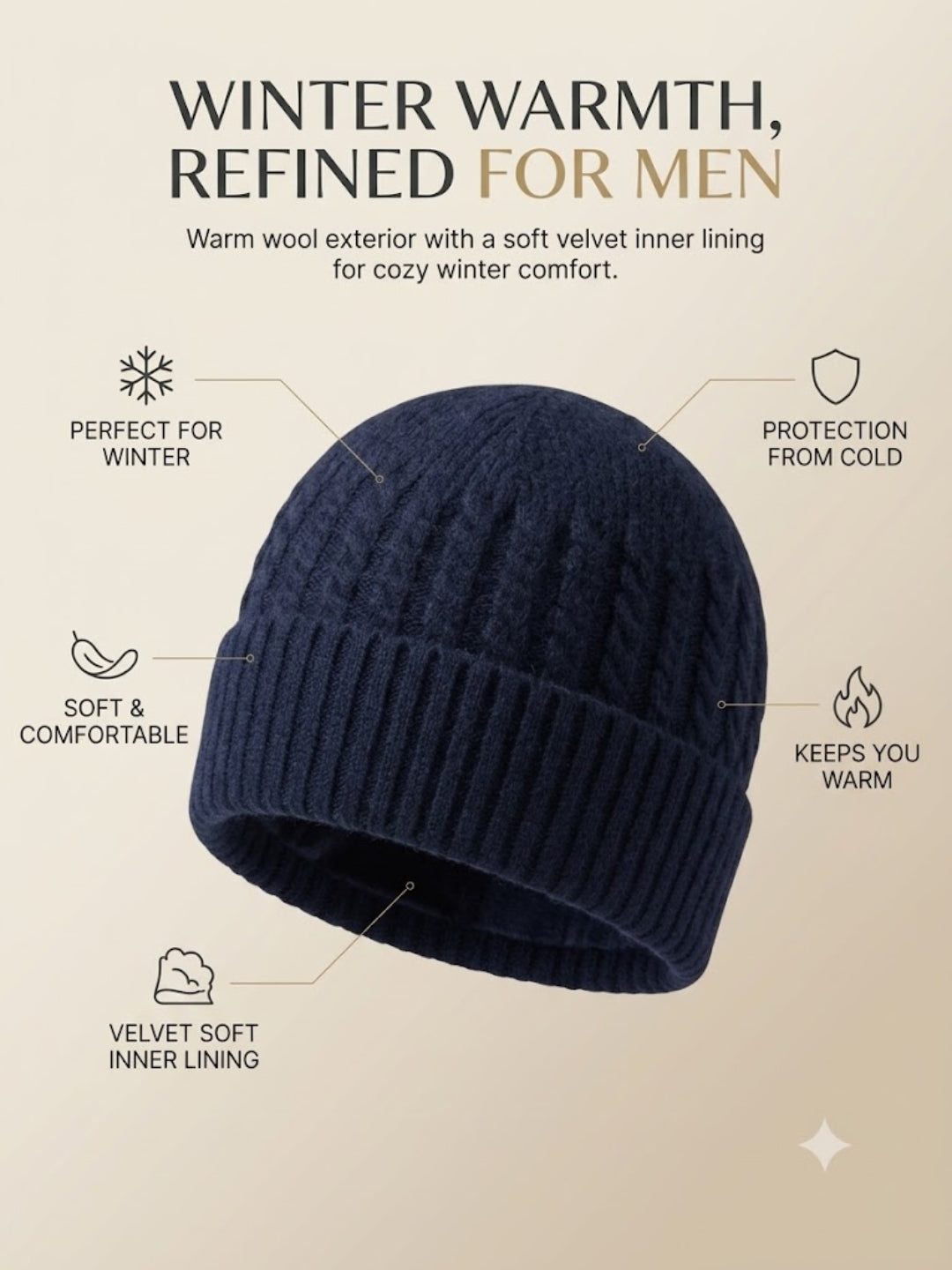 Cdeck Men’s Winter Woolen Cap | Ribbed Knit Beanie | Free Size | Soft & Warm | Blue