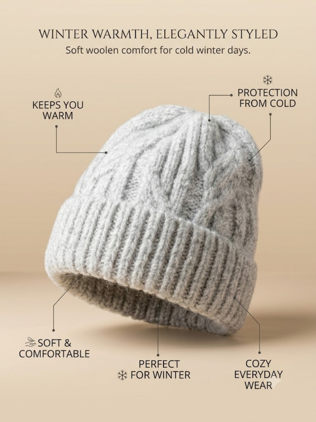 Cdeck Women Woolen Cap | Soft Knitted Winter Beanie for Women | Warm & Stylish Winter Wear | Free Size| Grey