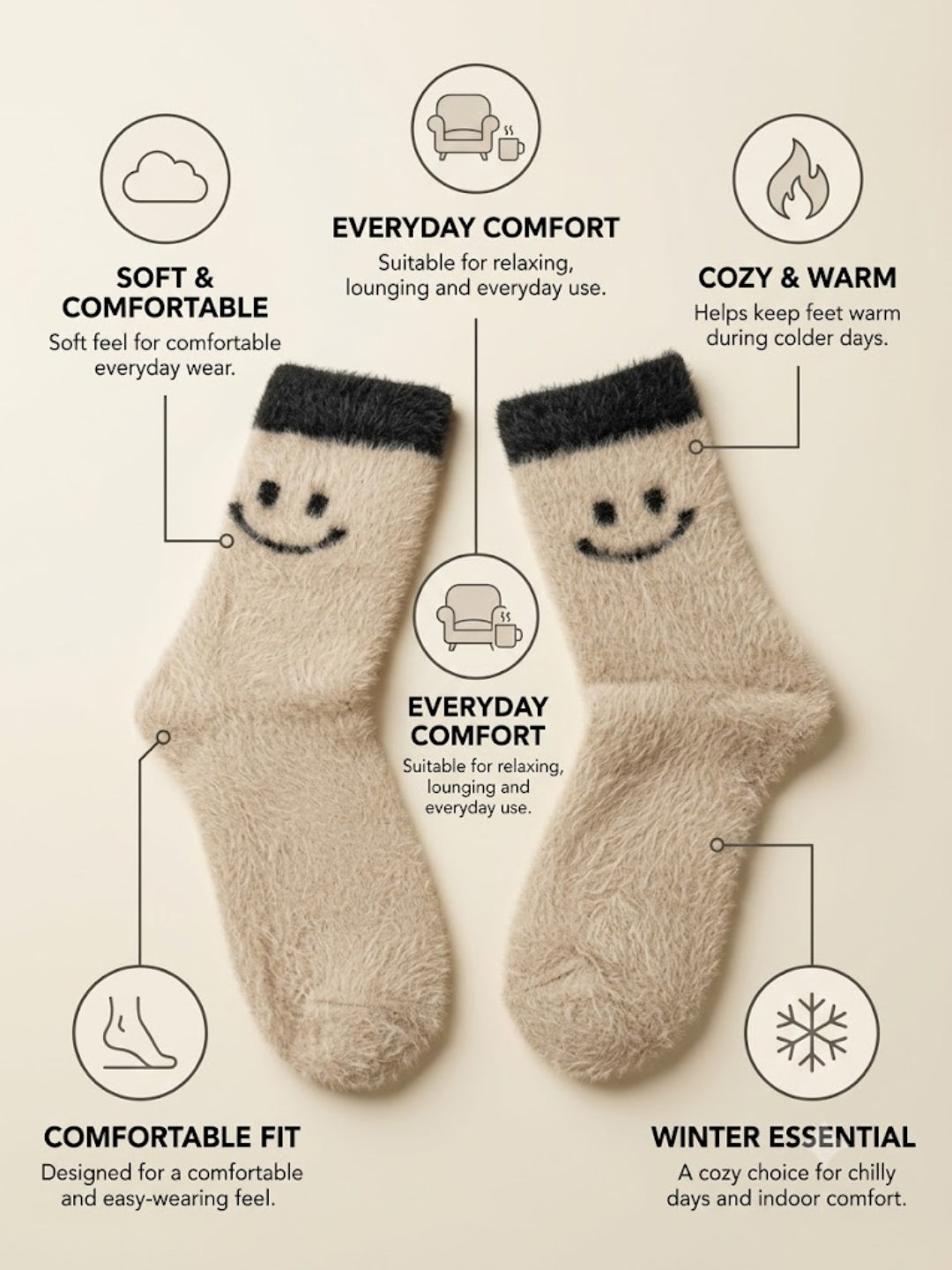 Cdeck Women’s Wool Socks | Soft & Warm Woolen Winter Socks | Free Size | Beige